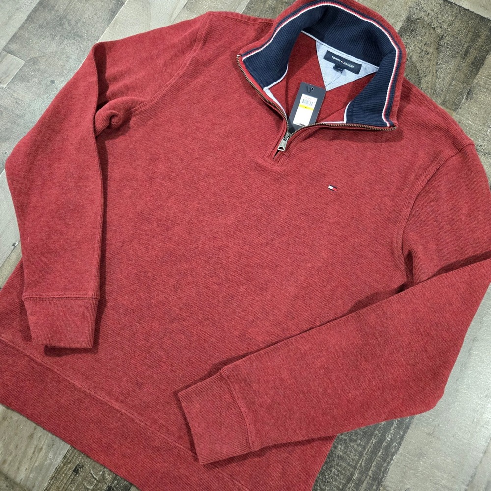 NWT Tommy Hilfiger Men's 1/4 Zip Sweater M Brick Red Cotton Knit Mock Neck